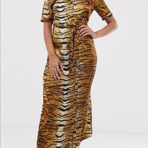 Misguided tiger print short sleeve button front collared dress